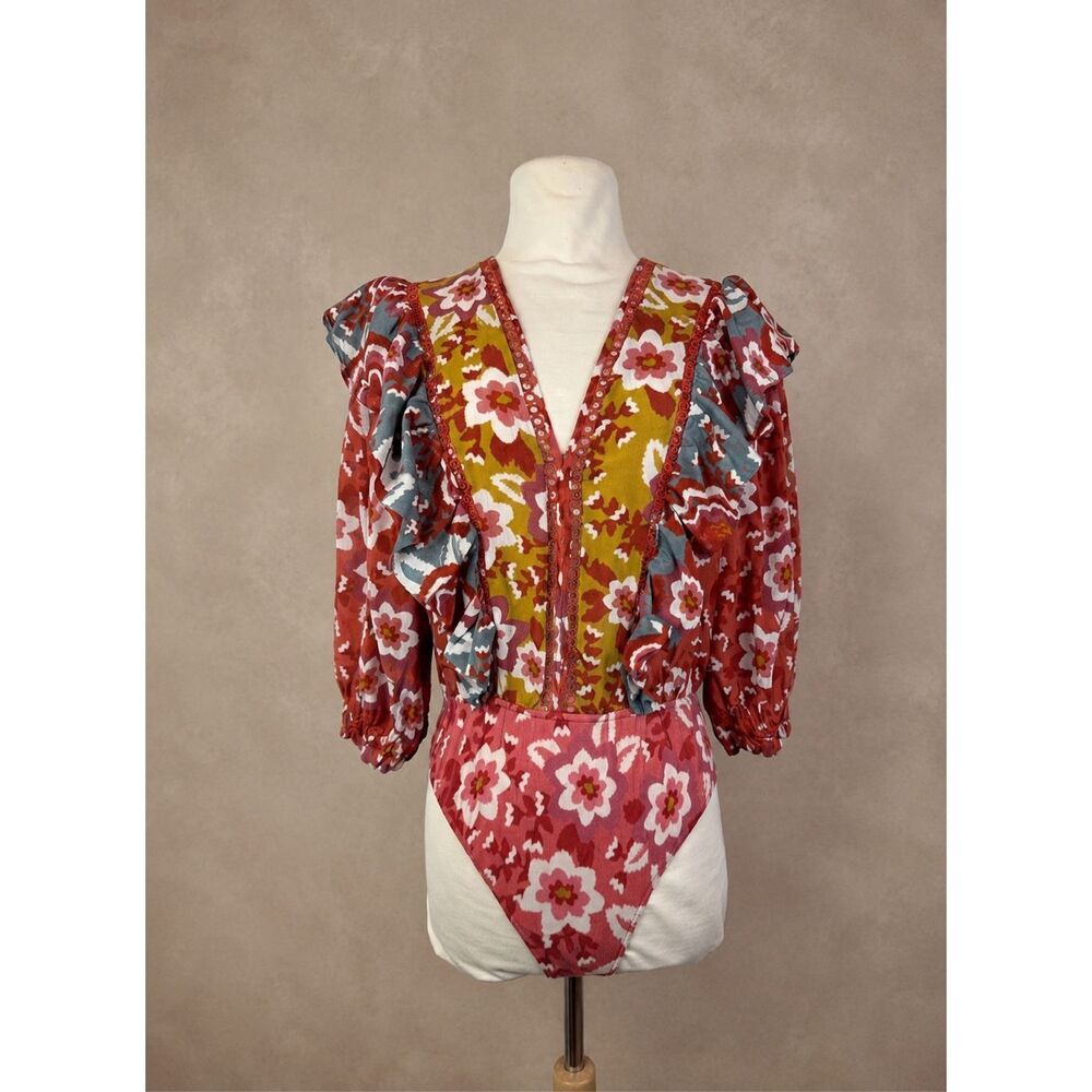 FARM Rio M Floral Puff Sleeve Bodysuit Red Boho Ruffle V-Neck Anthropologie - Picture 2 of 12